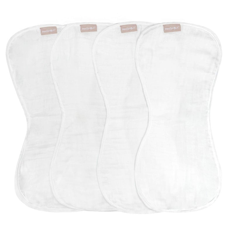 WeeSprout Unisex Organic Towel Cotton Burp Cloths, Set of 4, Four Ultra-Absorbent Layers Keep Clothes Dry, Button Transforms into Baby Bib, Machine Washable & Dryer Safe (White Set, Full) - Image 1